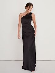 Six Stories Black One Shoulder Satin Ruched Bridesmaid Dress - Image 4 of 5