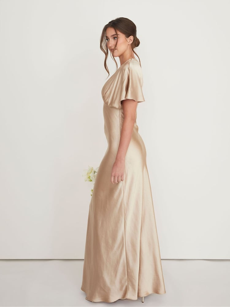 Six Stories Champagne Gold Plunge Batwing Satin Flower Girl Dress - Image 3 of 4