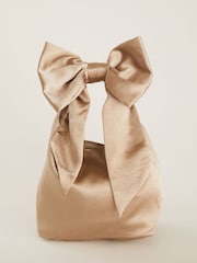 Six Stories Champagne Gold Bow Detail Satin Pouch Bag - Image 1 of 5