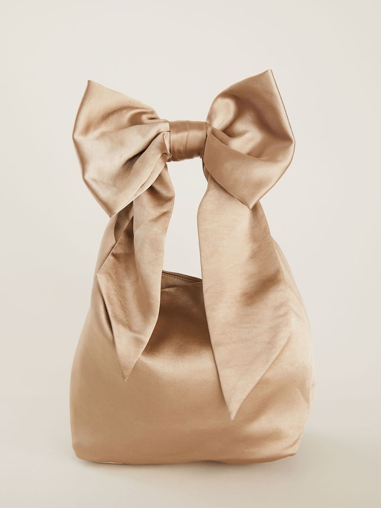 Six Stories Champagne Gold Bow Detail Satin Pouch Bag - Image 1 of 5