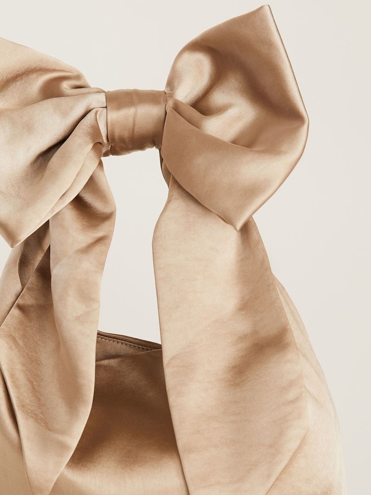 Six Stories Champagne Gold Bow Detail Satin Pouch Bag - Image 2 of 5