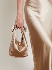 Six Stories Champagne Gold Bow Detail Satin Pouch Bag - Image 3 of 5