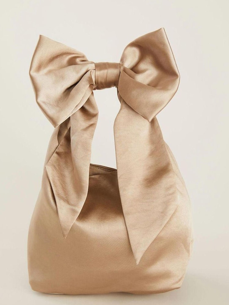 Six Stories Champagne Gold Bow Detail Satin Pouch Bag - Image 5 of 5