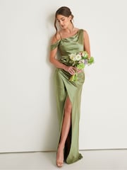 Six Stories Asymmetrical Bardot Strap Satin Flower Girl Dress - Image 1 of 5