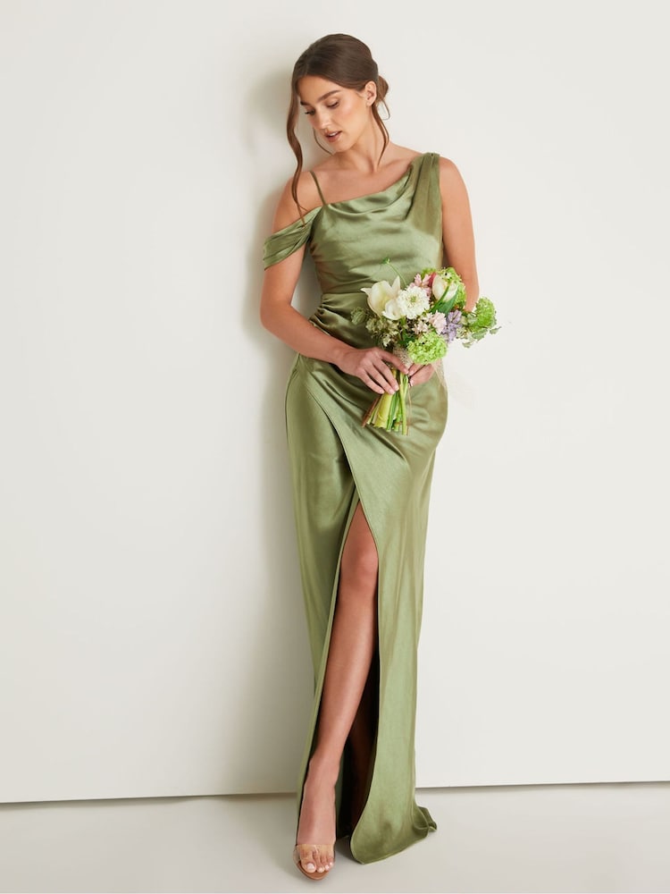 Six Stories Asymmetrical Bardot Strap Satin Flower Girl Dress - Image 1 of 5