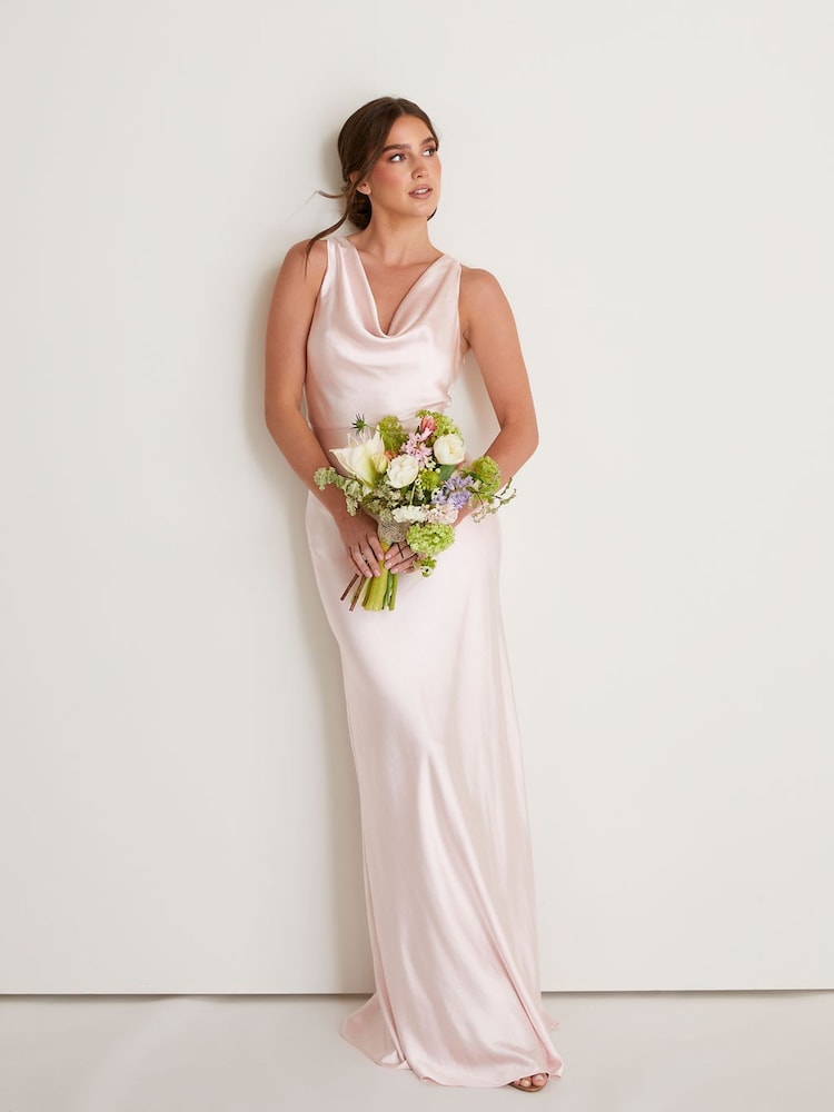 Six Stories Pale Pink Cowl Front Asymmetrical Satin Bridesmaid Dress - Image 1 of 5