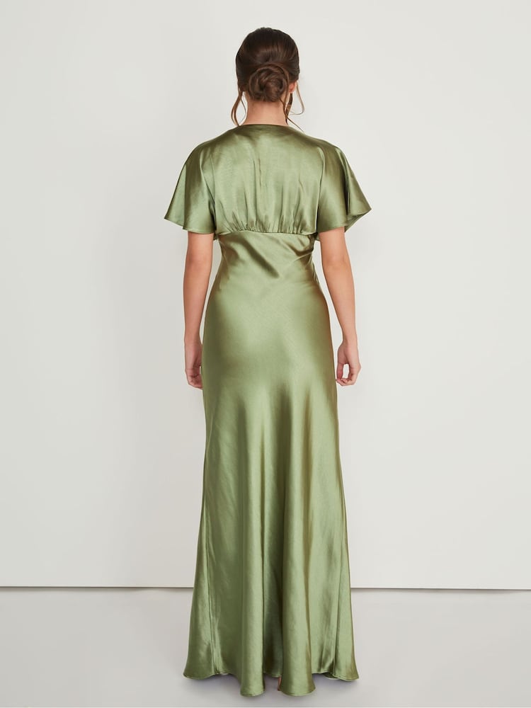Six Stories Green Plunge Batwing Satin Flower Girl Dress - Image 2 of 5 Six Stories Green Plunge Batwing Satin Flower Girl Dress - Image 2 of 5