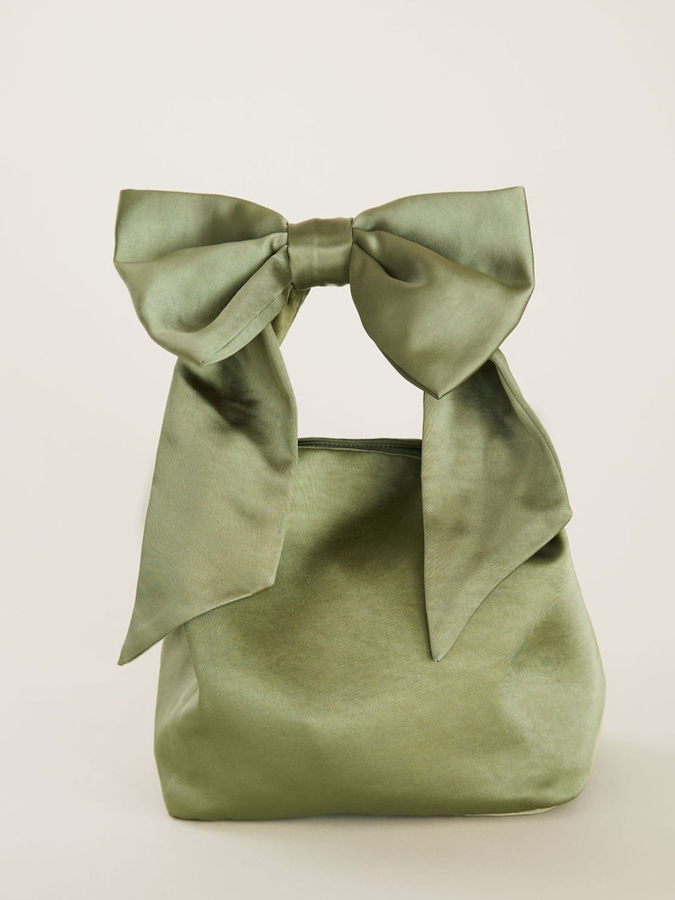 Six Stories Green Bow Detail Satin Pouch Bag - Image 1 of 3