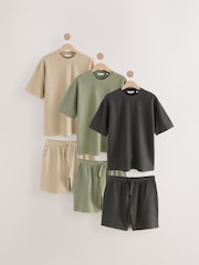 Green/Grey/Neutral 100% Cotton Co-ord T-Shirts And Shorts Set 3 Pack - Image 1 of 15