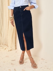 Friends Like These Rinse Blue Split Front Denim Midi Skirt - Image 2 of 5
