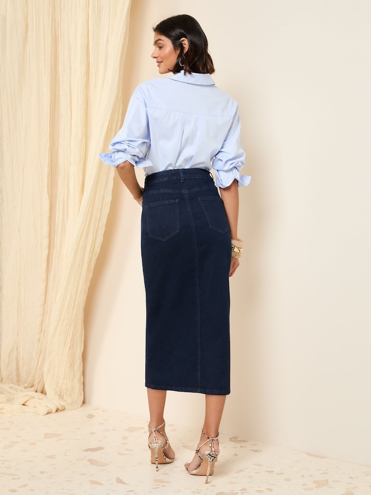 Friends Like These Rinse Blue Split Front Denim Midi Skirt - Image 4 of 5