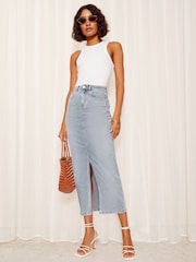 Friends Like These Bleach Blue Split Front Denim Midi Skirt - Image 1 of 4