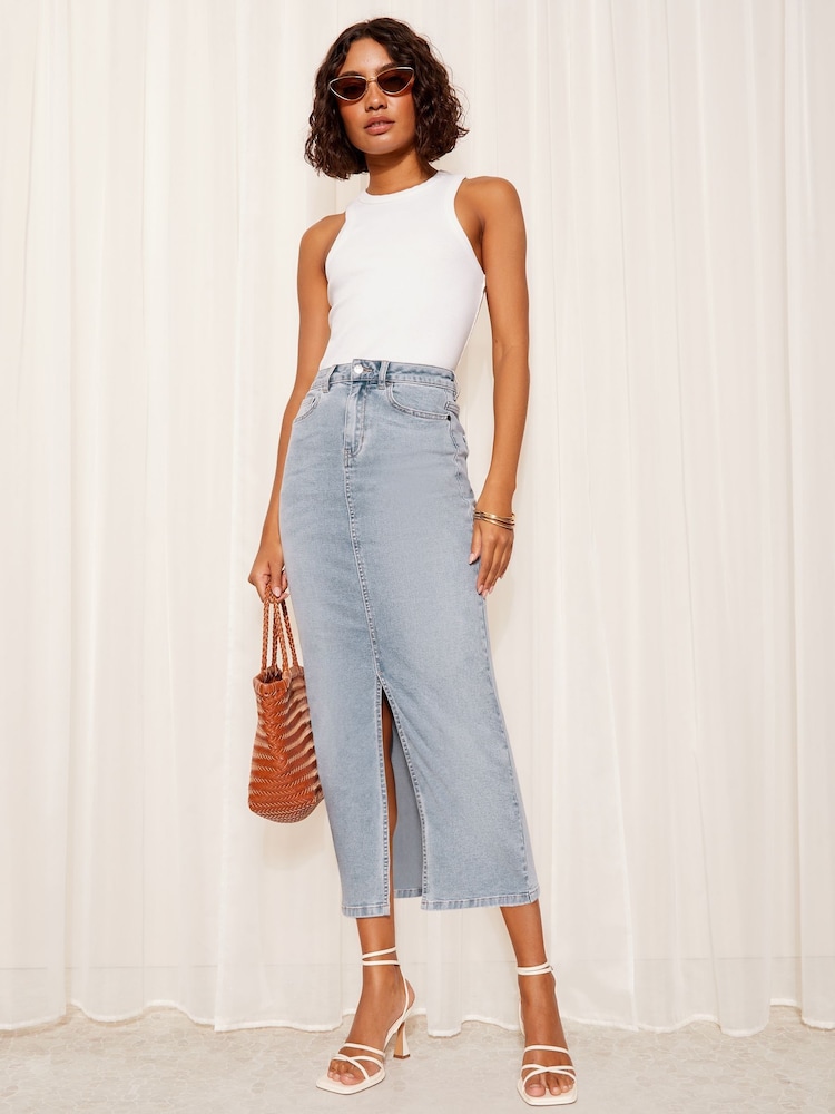 Friends Like These Bleach Blue Split Front Denim Midi Skirt - Image 1 of 4