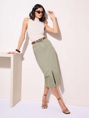 Friends Like These Khaki Green Split Front Denim Midi Skirt - Image 1 of 5