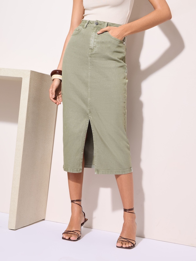 Friends Like These Khaki Green Split Front Denim Midi Skirt - Image 2 of 5