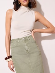 Friends Like These Khaki Green Split Front Denim Midi Skirt - Image 3 of 5