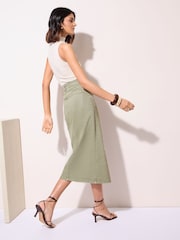 Friends Like These Khaki Green Split Front Denim Midi Skirt - Image 4 of 5
