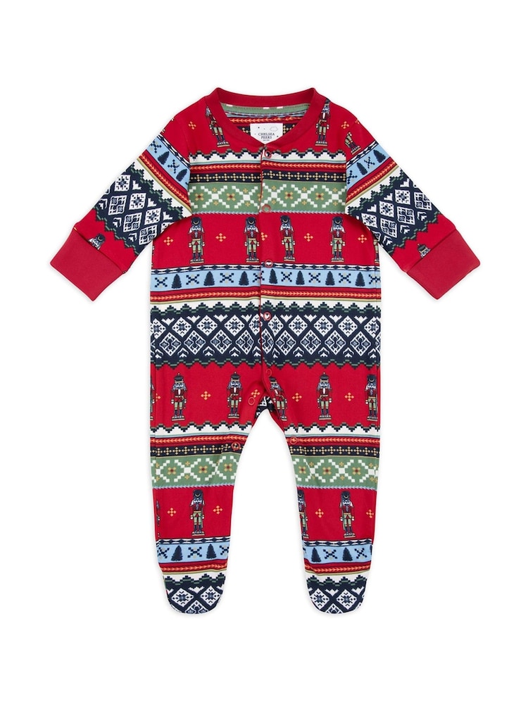Chelsea Peers Red Baby Christmas Nutcracker Fairisle Pattern Sleepsuit - Image 1 of 3