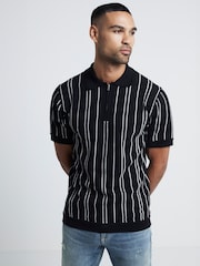 River Island Black Slim Fit Knit Stripe Polo Shirt - Image 1 of 4