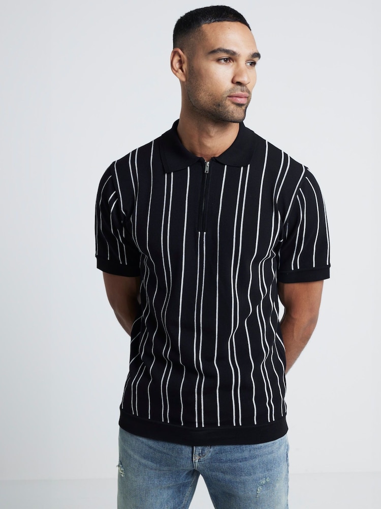 River Island Black Slim Fit Knit Stripe Polo Shirt - Image 1 of 4 River Island Black Slim Fit Knit Stripe Polo Shirt - Image 1 of 4