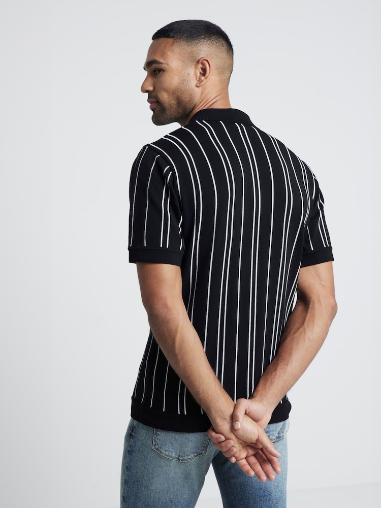 River Island Black Slim Fit Knit Stripe Polo Shirt - Image 2 of 4 River Island Black Slim Fit Knit Stripe Polo Shirt - Image 2 of 4