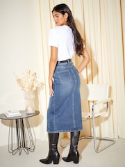 Friends Like These Mid Blue Tall Split Front Denim Midi Skirt - Image 4 of 4