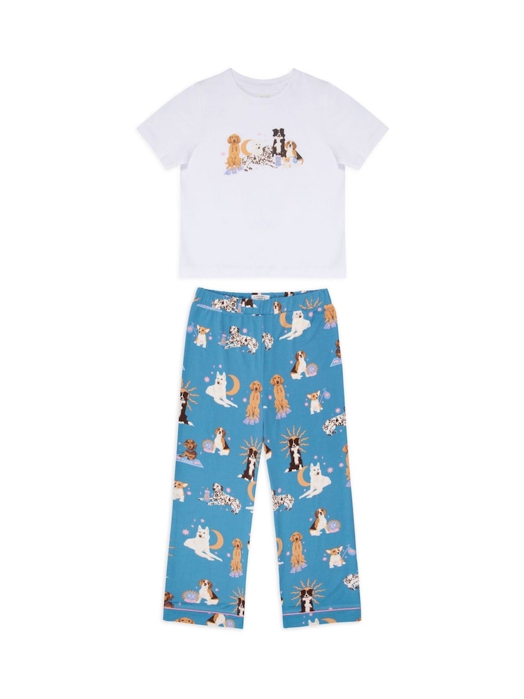 Chelsea Peers Blue Kids Mystic Dogs Print Long 100% Cotton Pyjamas Set - Image 1 of 3