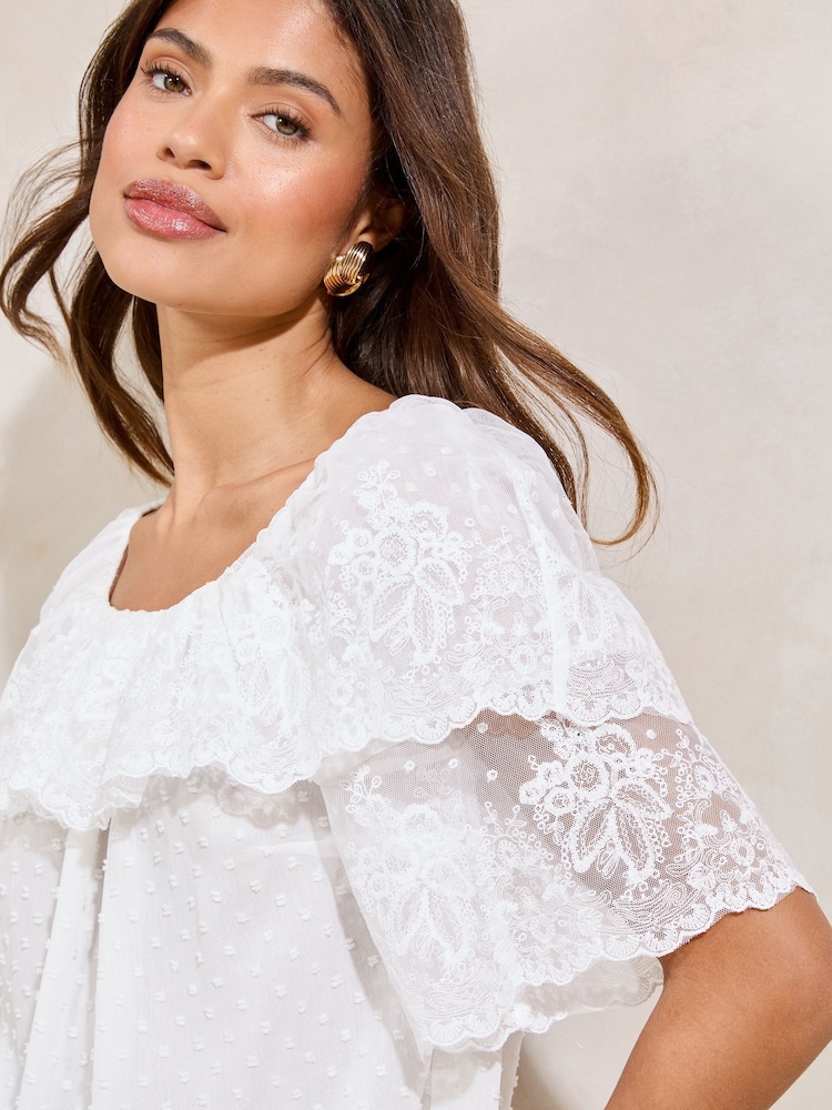 Lipsy White Lace Square Neck Short Sleeve Top - Image 2 of 4