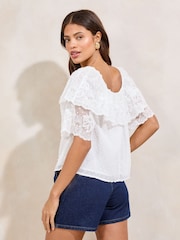 Lipsy White Lace Square Neck Short Sleeve Top - Image 3 of 4