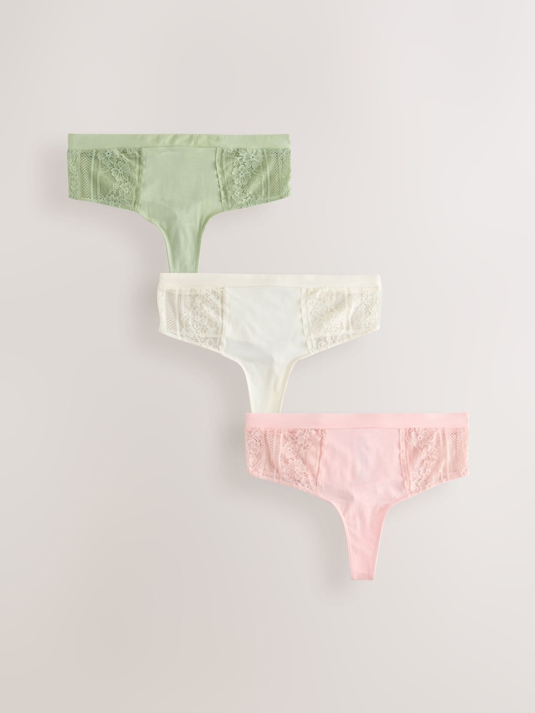Khaki/Light Pink/Cream High Waisted Thong Modal & Lace Knickers 3 Pack - Image 1 of 6