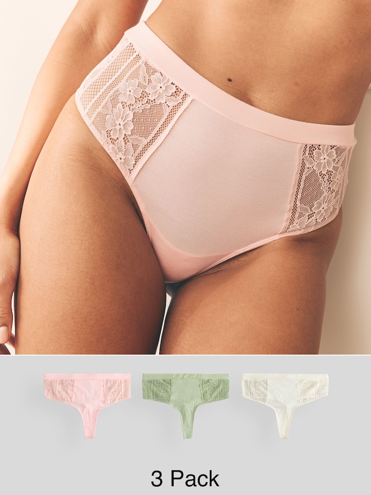 Khaki/Light Pink/Cream High Waisted Thong Modal & Lace Knickers 3 Pack - Image 1 of 9 Khaki/Light Pink/Cream High Waisted Thong Modal & Lace Knickers 3 Pack - Image 1 of 9