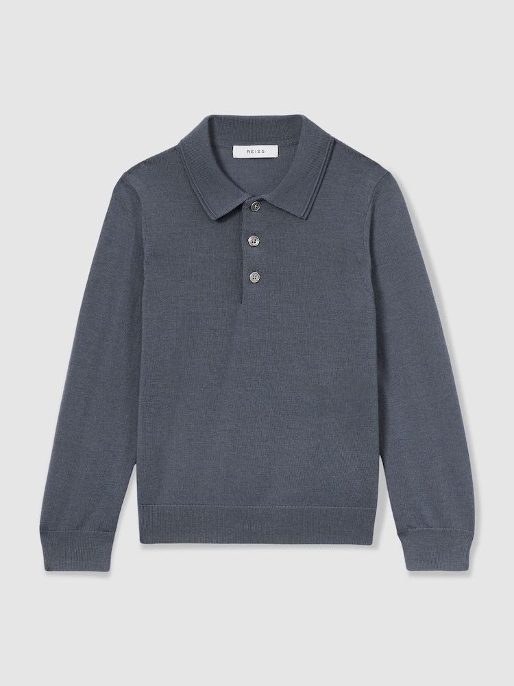 Reiss Airforce Blue Trafford 9-13 yrs Merino Wool Polo Shirt - Image 2 of 4