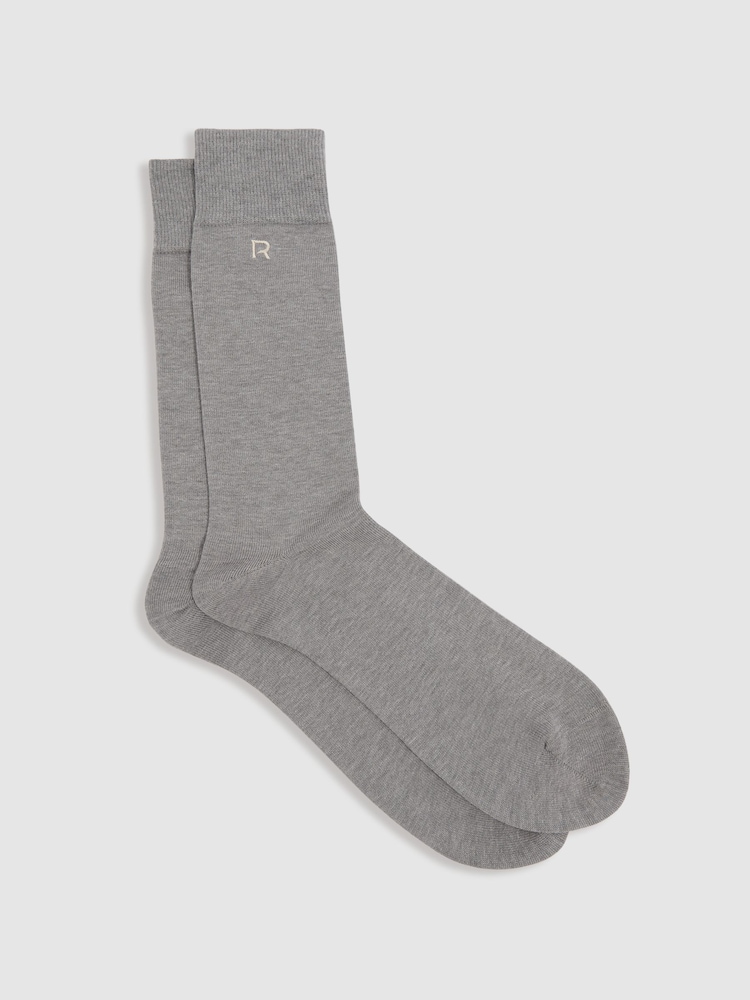 Reiss Mid Grey/Oatmeal Penn Cotton-Blend Logo-Embroidered Socks - Image 1 of 3 Reiss Mid Grey/Oatmeal Penn Cotton-Blend Logo-Embroidered Socks - Image 1 of 3