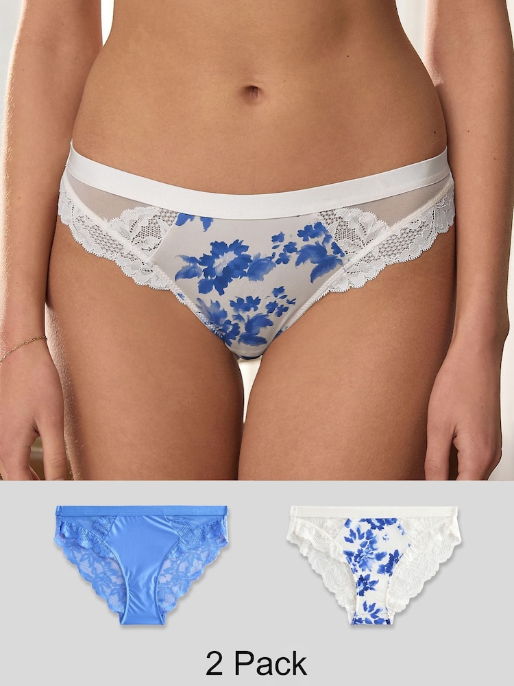 Blauw bloemenprint - Set van 2 hoogopgesneden slipjes met kanten afwerking - Image 1 of 11