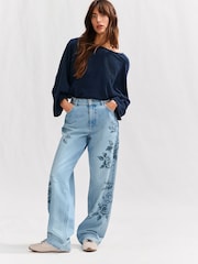 Mid Blue Floral Printed 100% Cotton Wide Leg Jeans - Image 1 of 5