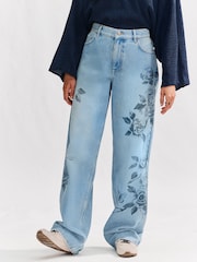 Mid Blue Floral Printed 100% Cotton Wide Leg Jeans - Image 2 of 5