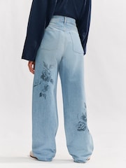 Mid Blue Floral Printed 100% Cotton Wide Leg Jeans - Image 3 of 5
