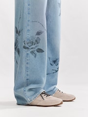 Mid Blue Floral Printed 100% Cotton Wide Leg Jeans - Image 4 of 5