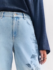Mid Blue Floral Printed 100% Cotton Wide Leg Jeans - Image 5 of 5
