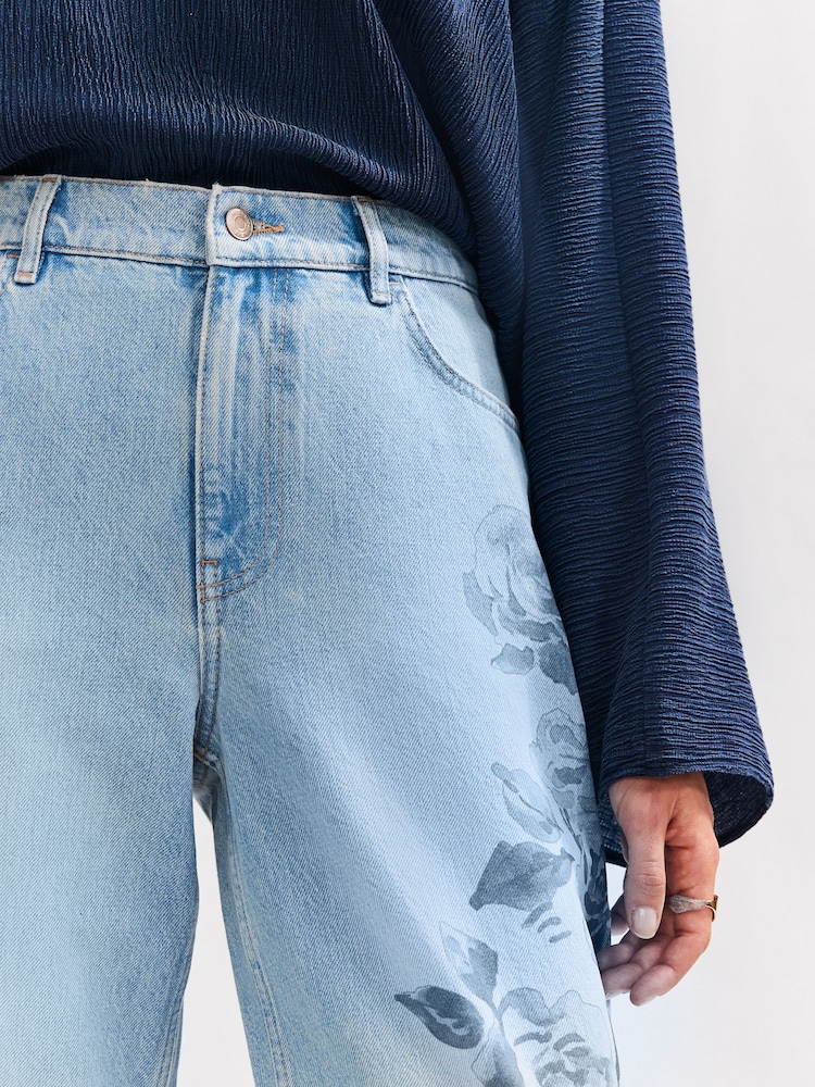 Mid Blue Floral Printed 100% Cotton Wide Leg Jeans - Image 5 of 5