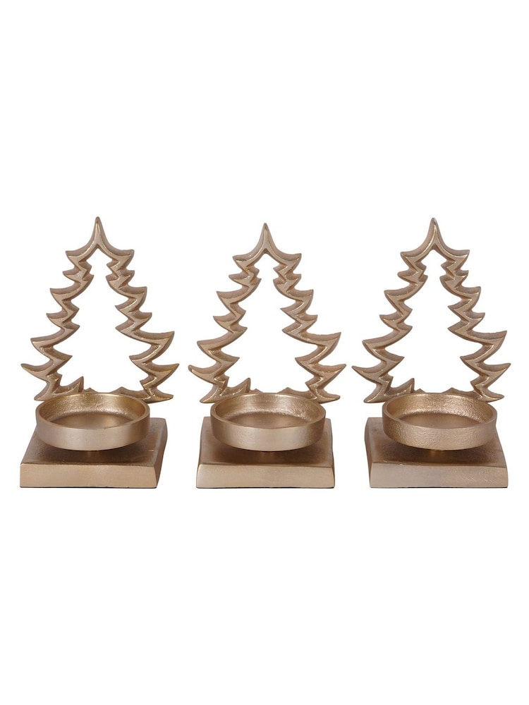Laura Ashley Set of 3 Champagne Gold Festive Aluminium Xmas Tree Tea Light Holders - Image 1 of 5