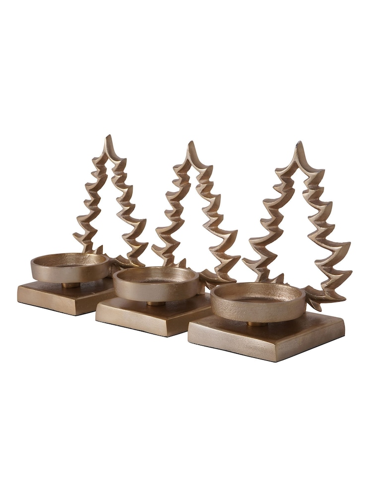 Laura Ashley Set of 3 Champagne Gold Festive Aluminium Xmas Tree Tea Light Holders - Image 2 of 5