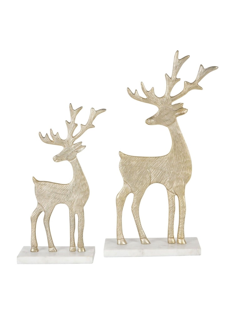 Laura Ashley Set of 2 Champagne Gold Base On Marble Reindeer Sculptures - Image 2 of 5
