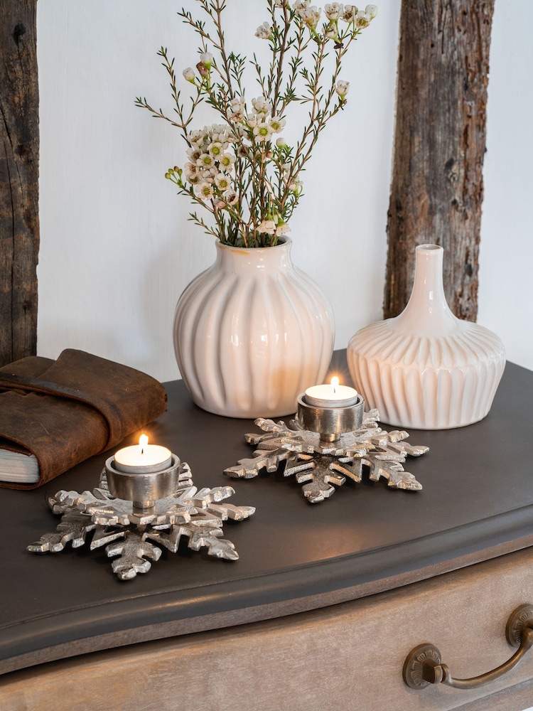 Laura Ashley Set of 2 Silver Festive Snowflake Tea Light Holders - Image 1 of 5