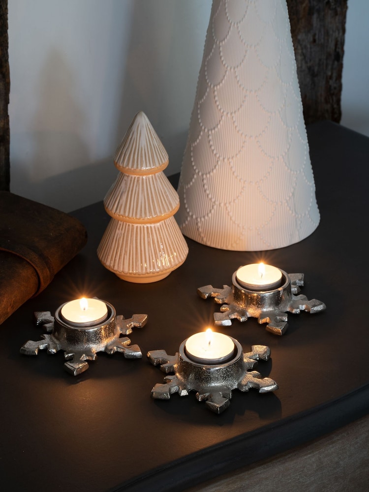 Laura Ashley Silver Set of 3 Small Festive Snowflake Tealight Tea Light Holders - Image 1 of 5