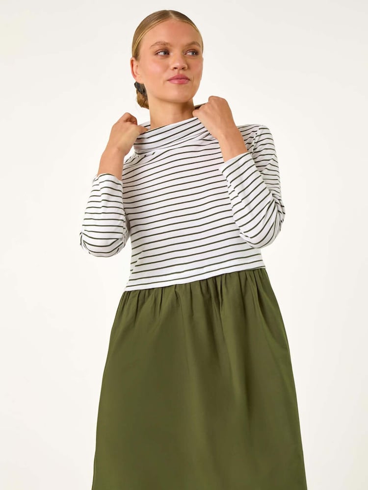 Verde - Roman Contrast Stripe Smock 100% Cotton Midi Dress - Imagen 2 de 5 Verde - Roman Contrast Stripe Smock 100% Cotton Midi Dress - Imagen 2 de 5