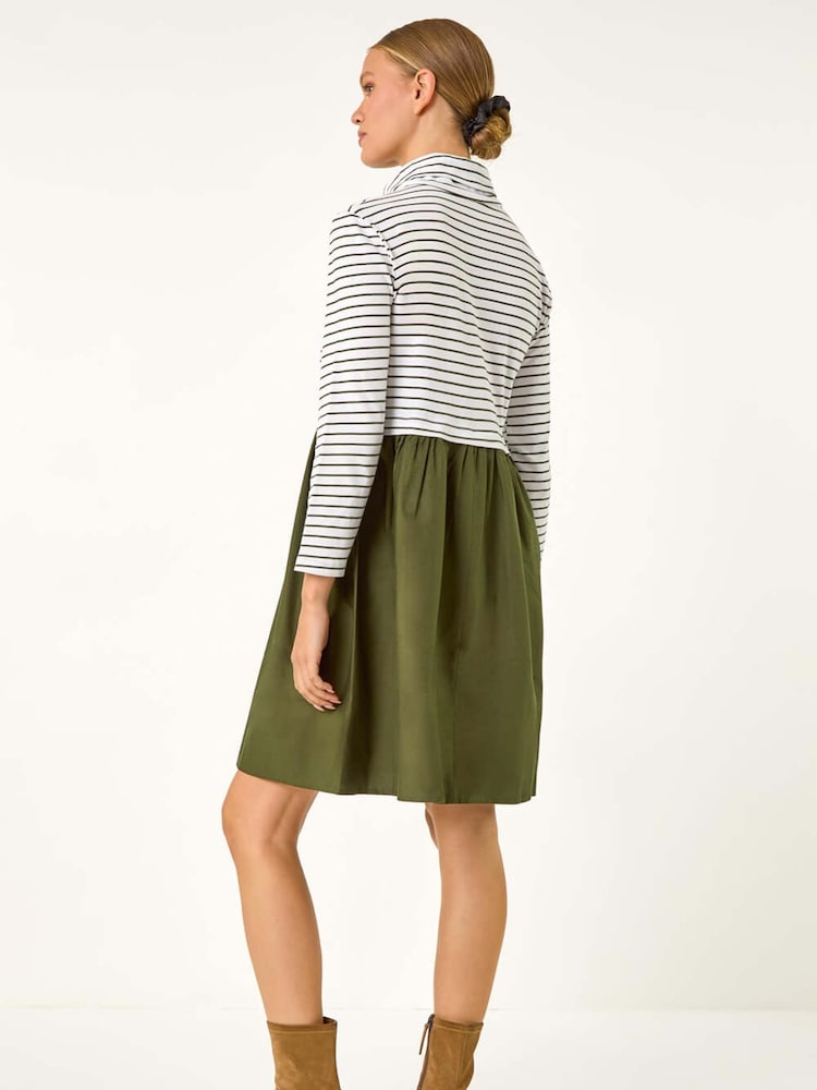 Roman Green Contrast Stripe Smock 100% Cotton Midi Dress - Image 3 of 5