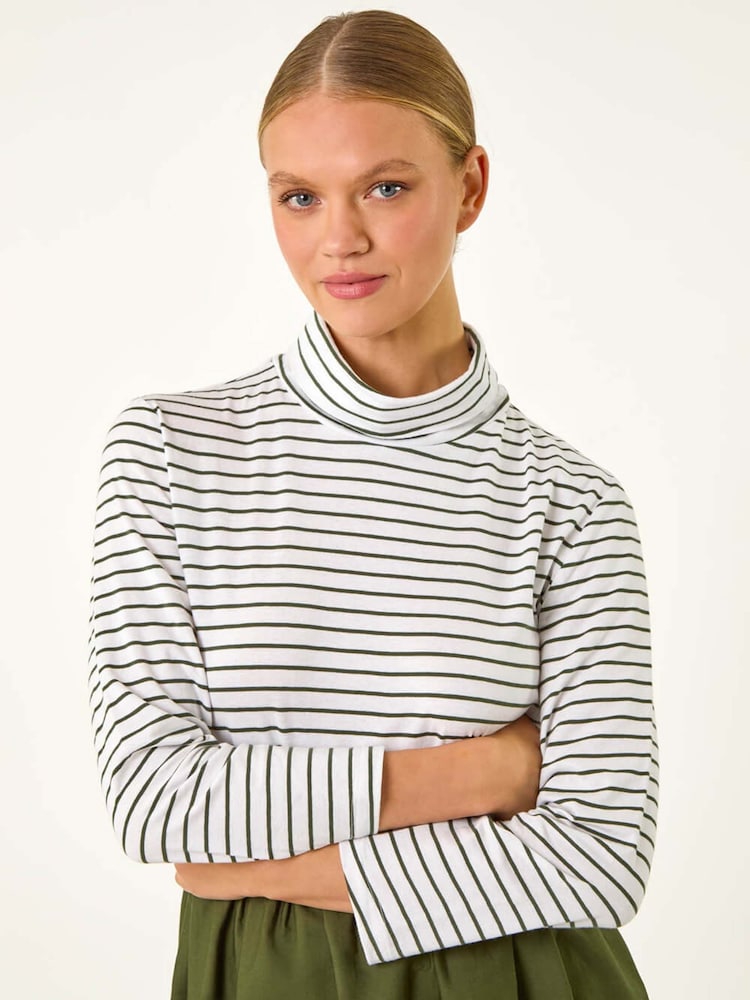 Roman Green Contrast Stripe Smock 100% Cotton Midi Dress - Image 4 of 5