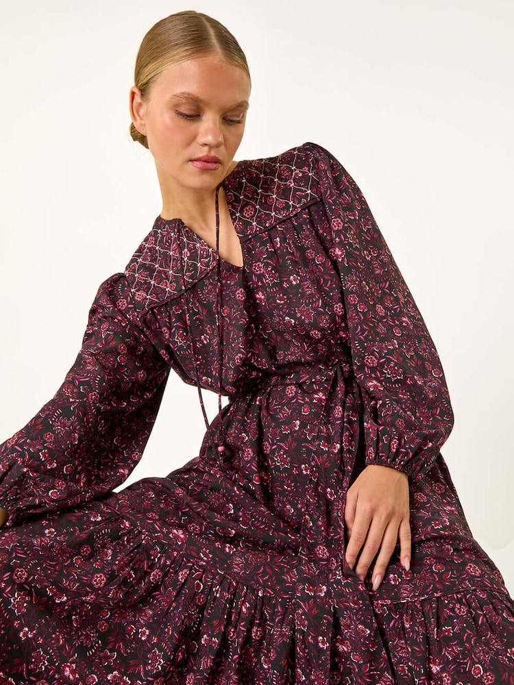 Roman Pink Floral Print Quilted Midi Dress - Image 1 of 5