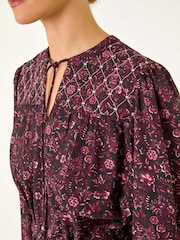 Roman Pink Floral Print Quilted Midi Dress - Image 5 of 5
